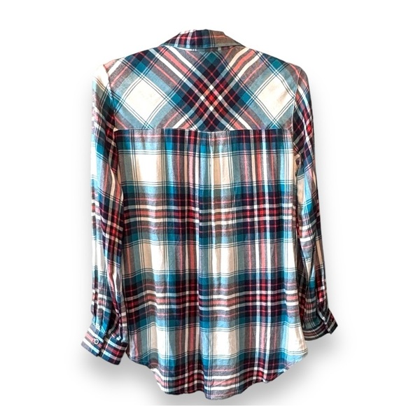 JW Style Size XS Turquoise & Red Plaid Silky Soft Long Sleeve Button Down Shirt - Picture 2 of 3